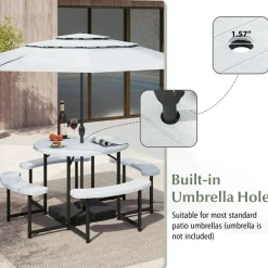 Patio Picnic Table Bench Set with 4 Seats and Umbrella Hole for Outdoor Dining