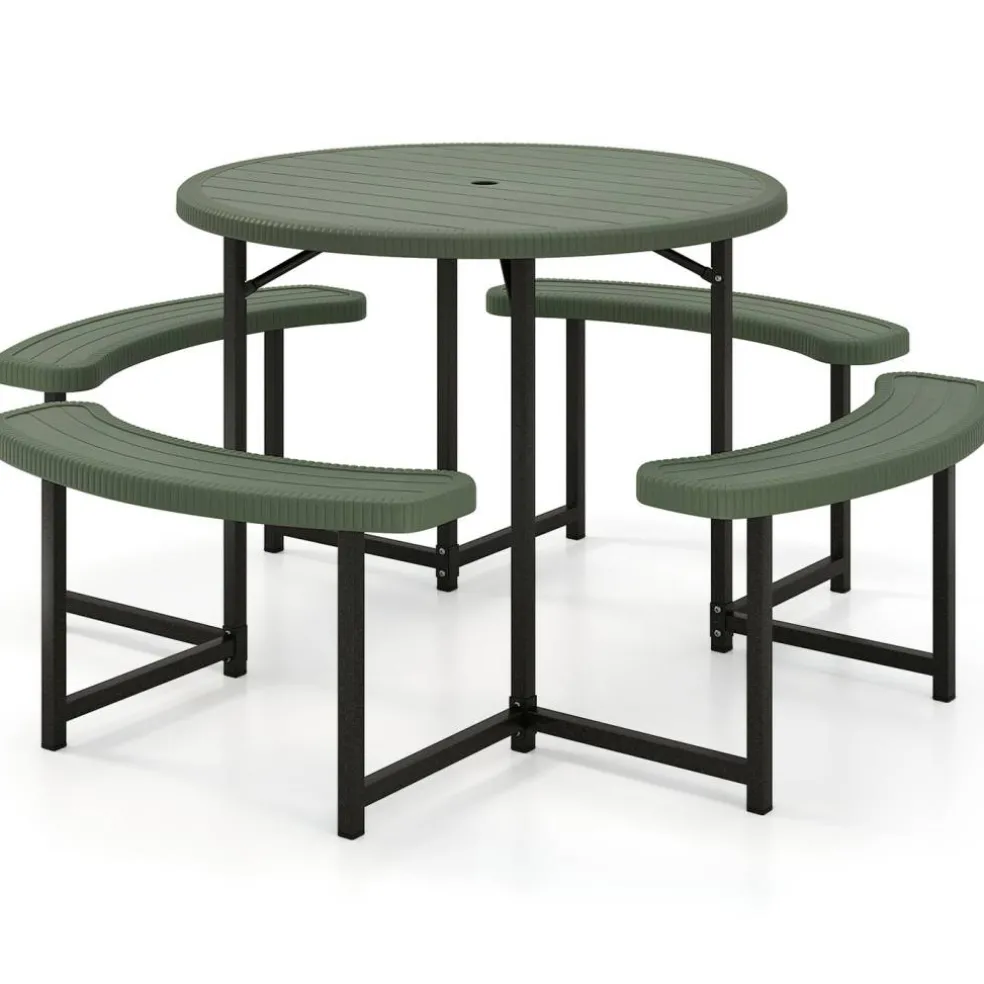 Patio Picnic Table Bench Set with 4 Seats and Umbrella Hole for Outdoor Dining