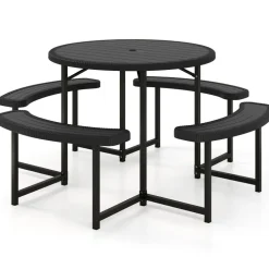 Patio Picnic Table Bench Set with 4 Seats and Umbrella Hole for Outdoor Dining