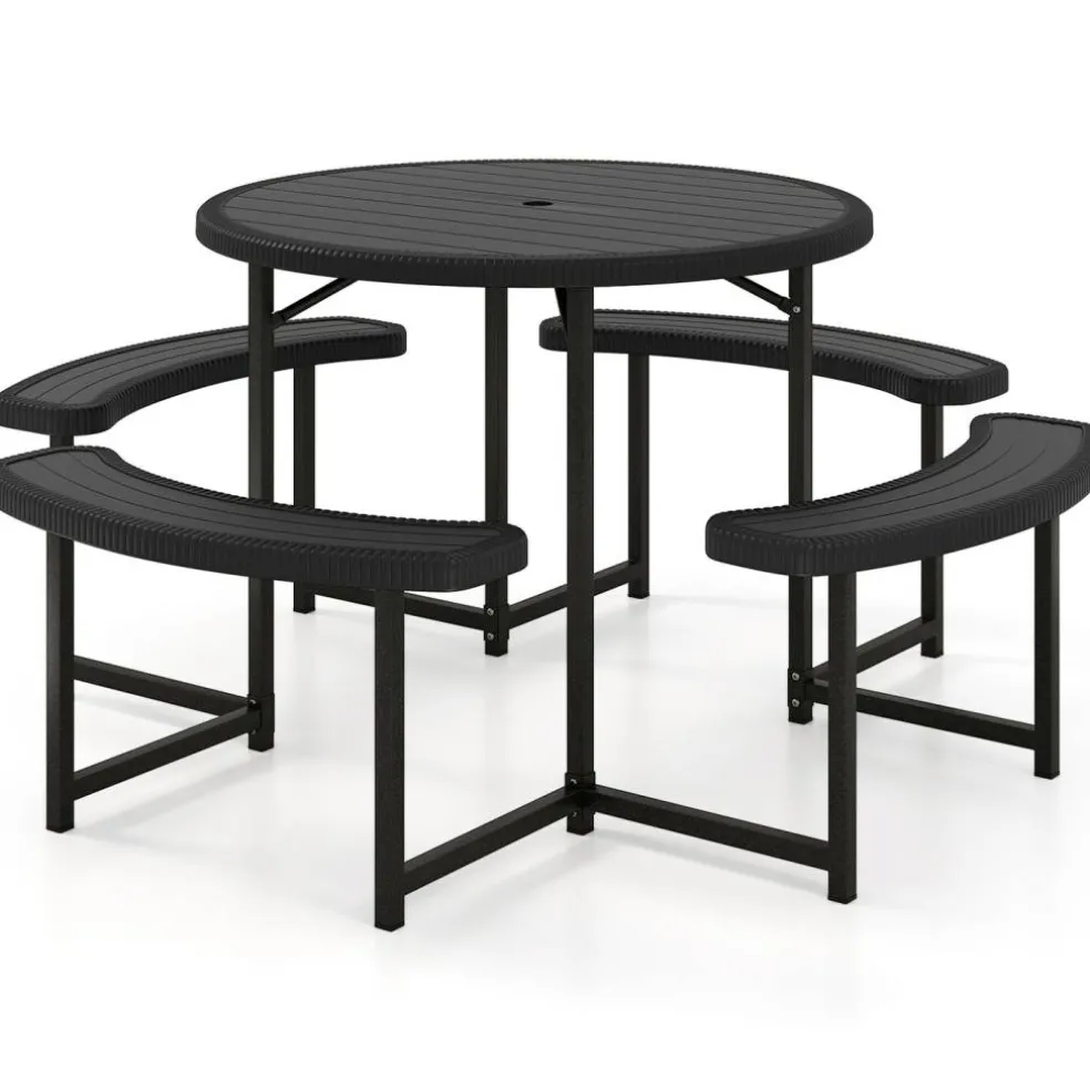 Patio Picnic Table Bench Set with 4 Seats and Umbrella Hole for Outdoor Dining
