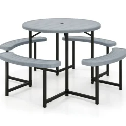 Patio Picnic Table Bench Set with 4 Seats and Umbrella Hole for Outdoor Dining