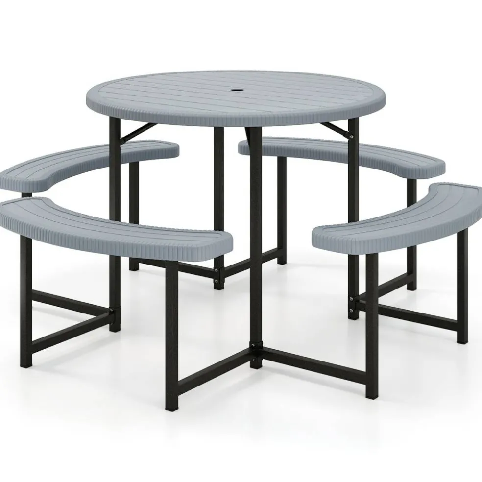 Patio Picnic Table Bench Set with 4 Seats and Umbrella Hole for Outdoor Dining