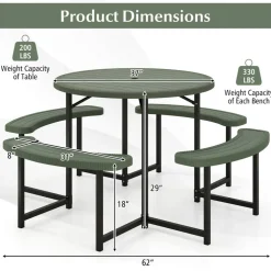 Patio Picnic Table Bench Set with 4 Seats and Umbrella Hole for Outdoor Dining