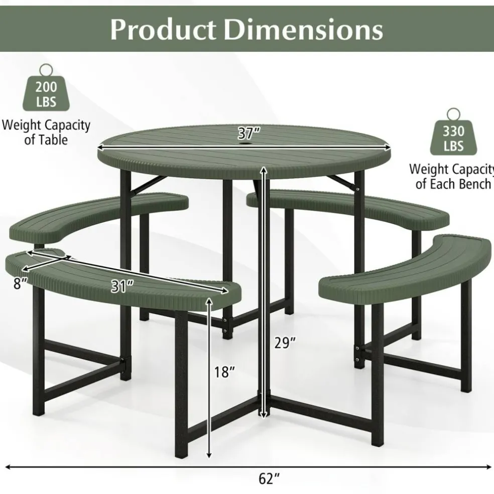 Patio Picnic Table Bench Set with 4 Seats and Umbrella Hole for Outdoor Dining