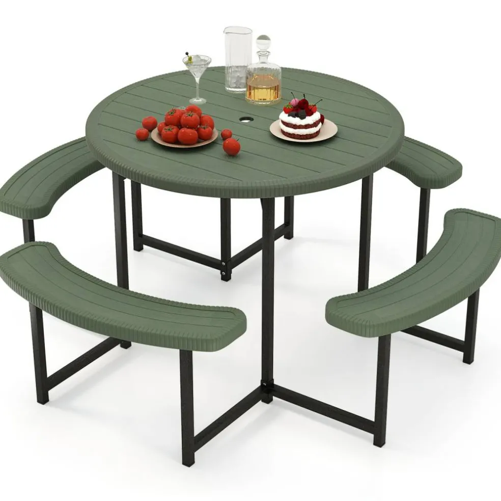 Patio Picnic Table Bench Set with 4 Seats and Umbrella Hole for Outdoor Dining