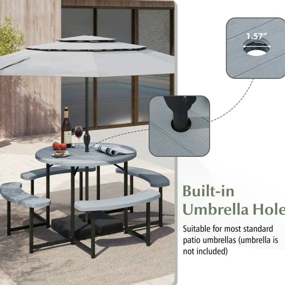 Patio Picnic Table Bench Set with 4 Seats and Umbrella Hole for Outdoor Dining