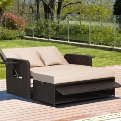 Patio Rattan Daybed with 4-Level Adjustable Backrest and Retractable Side Tray