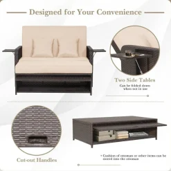 Patio Rattan Daybed with 4-Level Adjustable Backrest and Retractable Side Tray
