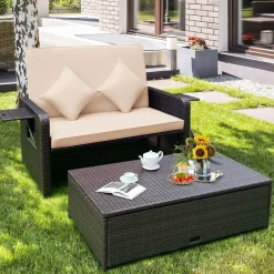 Patio Rattan Daybed with 4-Level Adjustable Backrest and Retractable Side Tray
