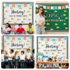 76 PC Back to School Bulletin Board Hooray! You're Finally Here Bulletin Board Back to School Decor Pencil Flags Cutouts Classroom Chalkboard Wall Door Decor