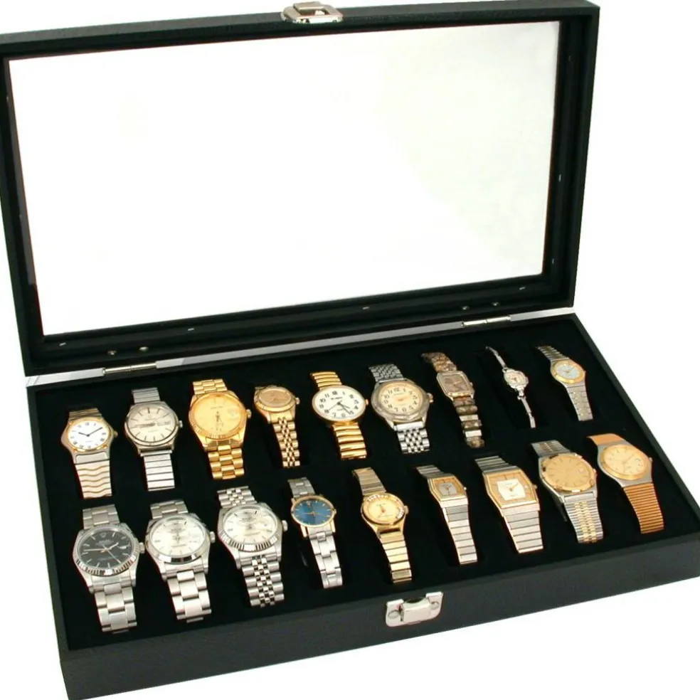 18pc Black Watch Travel Tray Showcase Display Case Unit W/ Glass Top