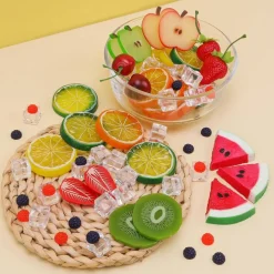 135Pcs Artificial Fake Fruit Decoration Set, Mixed Fruit Slices & Ice Cubes Props, Realistic Plastic Strawberry Apple Lemon Kiwi Watermelon Cherry Raspberry Display for Photography, Party, Vase Filler, Home Decor
