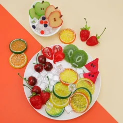 135Pcs Artificial Fake Fruit Decoration Set, Mixed Fruit Slices & Ice Cubes Props, Realistic Plastic Strawberry Apple Lemon Kiwi Watermelon Cherry Raspberry Display for Photography, Party, Vase Filler, Home Decor