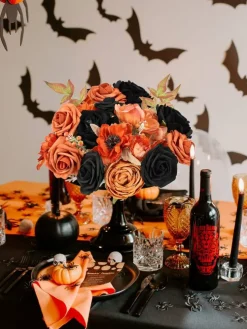 24PCS Artificial Fall Flowers Combo Box Set – Orange & Black Silk Roses, Peonies & Dahlias with Stems, DIY Faux Floral Arrangement for Wedding Bouquet, Halloween Decor, Table Centerpieces, Baby Shower & Home Decoration