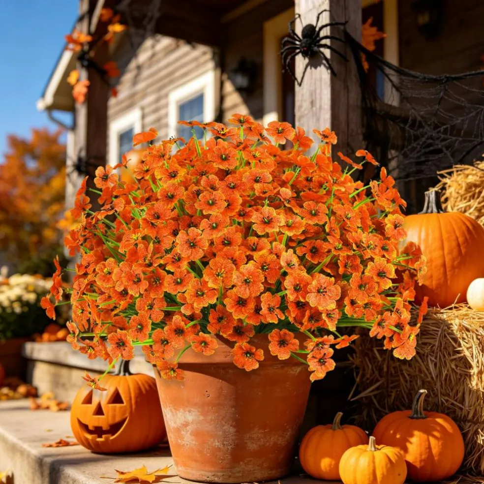 24PCS Artificial Fall Flowers for Outdoors, Fake Mums, Orange