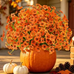 24PCS Artificial Fall Flowers for Outdoors, Fake Mums, Orange