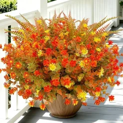 18PCS Artificial Fall Mums Flowers for Outdoors, UV Resistant Fake Outdoor Plants, Orange Red Faux Chrysanthemum Bushes for Porch, Window Box, Planters, Garden, Patio & Autumn Home Decorations