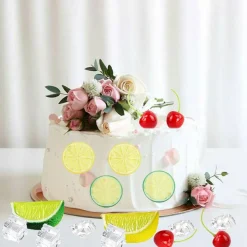 50PCS Artificial Fruit & Fake Ice Decoration Set, Acrylic Crushed Ice Cubes, Realistic Lemon Slices, Faux Lemon Wedges and Lifelike Cherries for Photography Props, Vase Fillers, Drinks Display & Home Decor