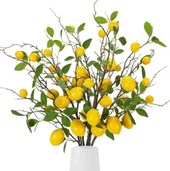 5 Pcs Artificial Lemon Branches, 31 Inch Faux Lemon Fruit Stems with Bendable Wire, Realistic Lemons & Green Leaves for Kitchen, Home, Office, Table Centerpiece, Party & Mediterranean Decor