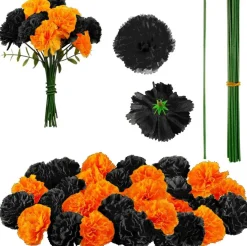 20 PCS Artificial Marigold Flowers Bunch, Black & Orange Silk Faux Marigold Stems, Halloween Party Decorations, Diwali Decor, Birthday Floral Arrangements, Home Table Centerpieces & DIY Crafts