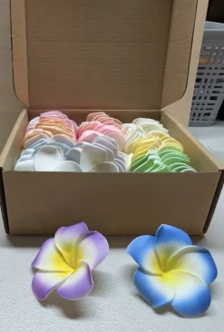 65pcs Artificial Plumeria Flower Heads Bulk (9 Assorted Colors) - Soft Foam Frangipani Petals for DIY Hair Clips, Wreaths & Hats - Hawaiian Luau Aloha Party Decorations, Tropical Floating Pool Decor & Table Scatter