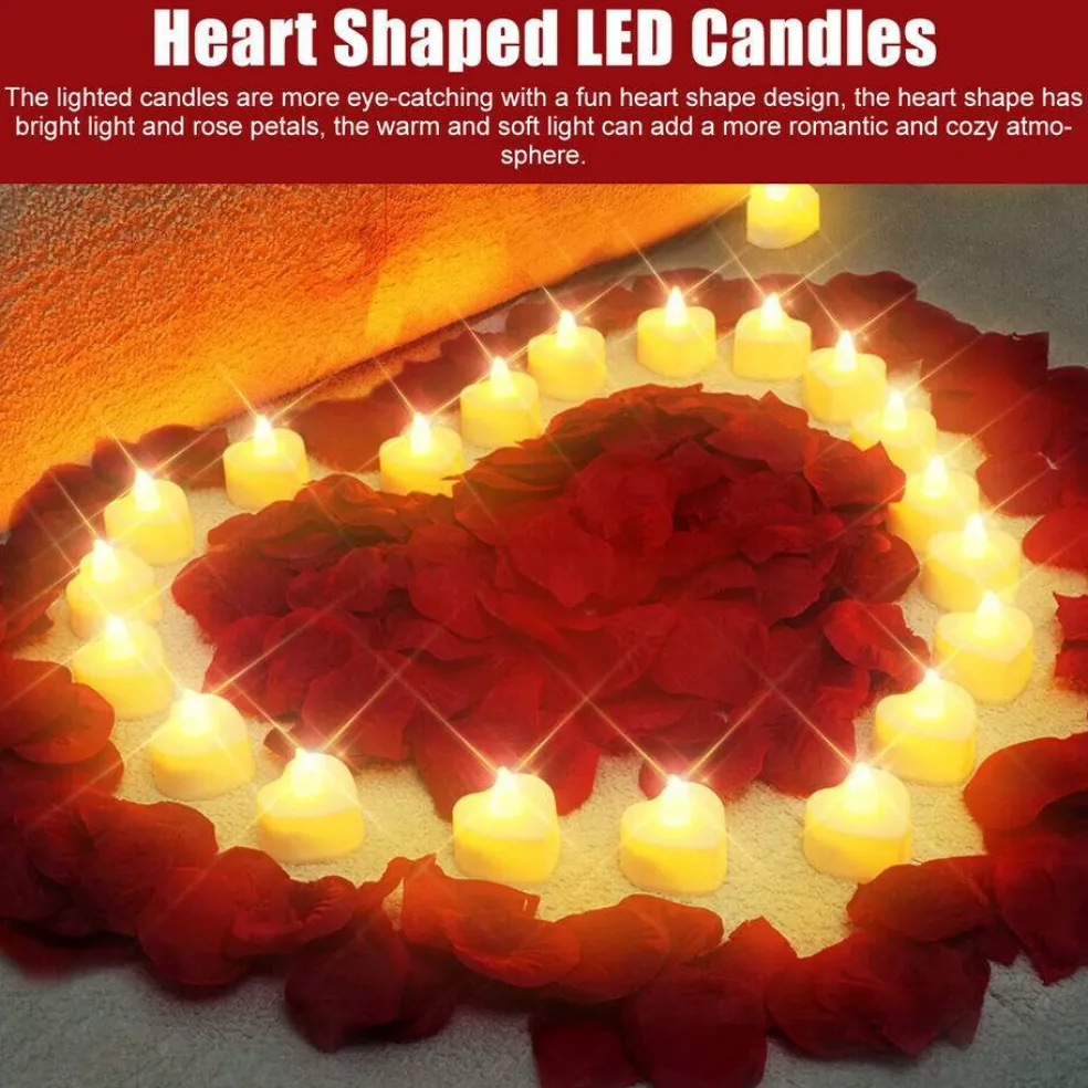 1000Pcs Artificial Rose Petals + 24Pcs LED Heart Light Candles