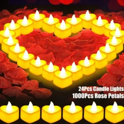 1000Pcs Artificial Rose Petals + 24Pcs LED Heart Light Candles