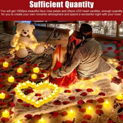 1000Pcs Artificial Rose Petals + 24Pcs LED Heart Light Candles