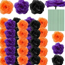 100 PCS Artificial Silk Roses with Stems, 3.15 Inch Faux Rose Flowers, DIY Fake Roses for Wedding Bouquets, Halloween, Baby Shower, Floral Arrangements, Centerpieces, Crafts & Home Decor (Black, Orange & Purple)