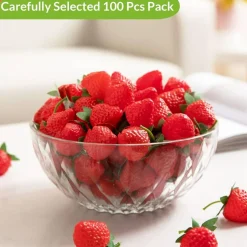 100PCS Artificial Strawberries, Realistic Fake Strawberry Fruit Set with Green Leaves, Lifelike Plastic Fruit for Kitchen Decor, Party Decorations, Photography Props & Display Centerpieces