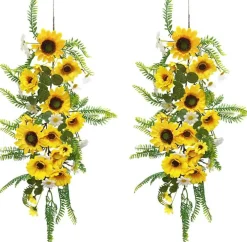 2PCS Artificial Sunflower Garland, 2ft Faux Flower Vine with Green Leaves & White Flowers, Hanging Floral Garland for Home Decor, Wedding Arch, Garden & Party Decorations
