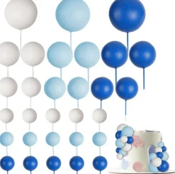 30PCS Ball Cake Toppers – Blue & White DIY Picks for Birthday, Baby Shower & Wedding Cakes, 1.57"x1.57"