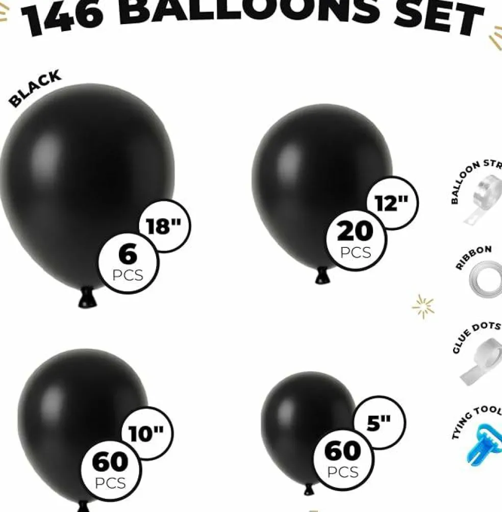146PCS Balloon Garland Arch Kit, Black Latex Party Balloons Set for Baby Shower, Birthday, Gender Reveal & Wedding Decorations DIY Balloon Arch Kit with Strip & Glue Dots