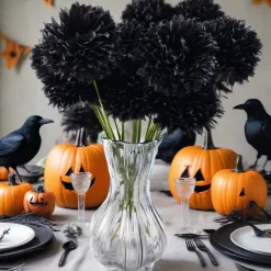10PCS Black Artificial Chrysanthemum Ball Flowers, Realistic Silk Faux Mum Hydrangea Bouquet Stems, Gothic Floral Decor for Halloween, Wedding Centerpieces, Home Vase Arrangements & DIY Crafts