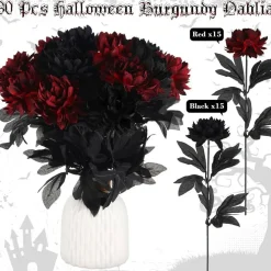 30 PCS Black & Burgundy Artificial Dahlia Flowers with Long Stems, Gothic Silk Faux Flowers for Halloween Decorations, Wedding Bridal Bouquets, Harvest Table Centerpieces, DIY Floral Arrangements & Home Decor