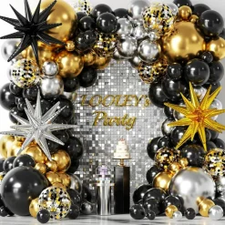 137Pcs Black Gold Silver Balloons Garland Arch Kit with Stars, Metallic Latex Balloons in 5 10 12 18 22 Inch Sizes, Confetti Balloons and Arch Strip for New Year, Birthday, Graduation, Retirement and Party Decor