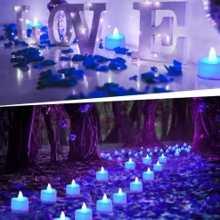 2000 Pcs Blue Artificial Rose Petals with 24 Blue LED Flameless Tea Lights, Romantic Wedding & Birthday Decor for Bed, Pathway, and Centerpieces (Pre-Loaded Batteries)