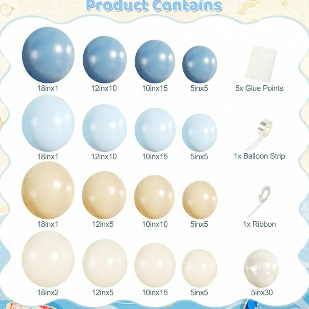 140PCS Blue Beach Balloon Arch Kit – Ocean Theme Balloon Garland in Dusty Blue, Light Blue, Sand & Pearl White for Sea, Pool, Baby Shower, Birthday & Under the Sea Party Decorations
