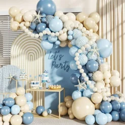 140PCS Blue Beach Balloon Arch Kit – Ocean Theme Balloon Garland in Dusty Blue, Light Blue, Sand & Pearl White for Sea, Pool, Baby Shower, Birthday & Under the Sea Party Decorations