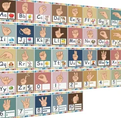 37PCS Boho ASL Sign Language Alphabet & Numbers Poster Set – American Sign Language Bulletin Board Cards for Classroom, Toddler Learning, Special Education & Homeschool Decor