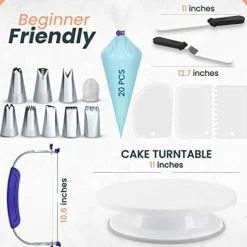 35 PCS Cake Turntable and Leveler-Rotating Cake Stand with Non Slip pad-7 Icing Tips and 20 Bags- Straight & Offset Spatula-3 Scraper Set -EBook-Cake Decorating Supplies Kit -Baking Tools