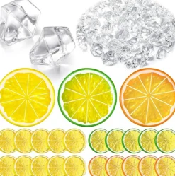 300PCS Clear Artificial Crushed Ice Cubes with 20 Faux Lemon Slices, Acrylic Diamonds and Fake Fruits for Vase Fillers, Table Centerpieces, Wedding and Party Decorations (2 x 0.4 Inch)