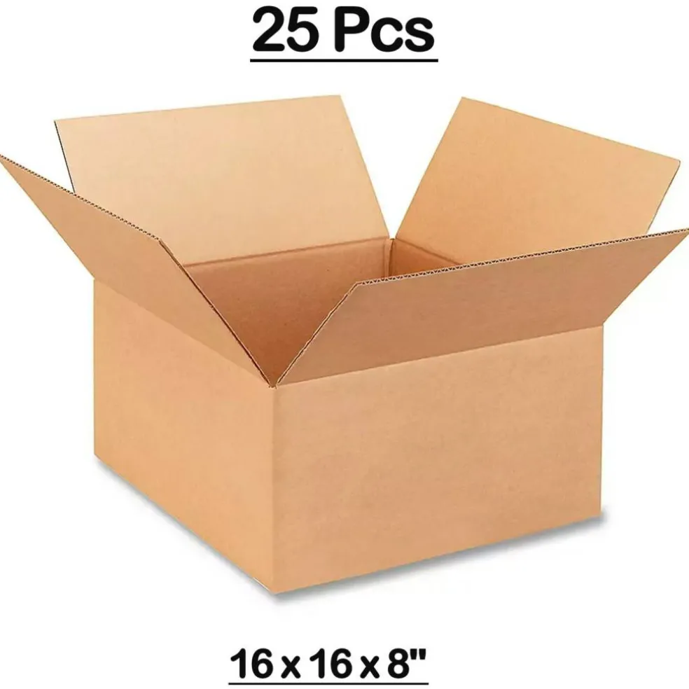 25 Pcs Corrugated Boxes, Durable Kraft, Packing and Shipping 16 x 16 x 8 Inch