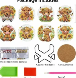 8 Pcs Cow Diamond Painting Coasters with Holder, Highland Cow Diamond Painting Kits, Cute Cow Diamond Art Coasters, 5D DIY Full Drill Diamond Dots, Diamond Art Kits for Adults Crafts Supplies