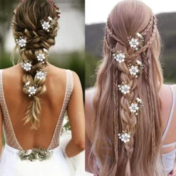 6 PCS Crystal Pearl Flower Hair Clips with Rhinestone (Pure White Flower)