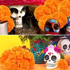 74PCS Day of the Dead Decorations Set, Artificial Marigold Flowers with Stems, Butterfly Decor & Flameless Tea Lights, Dia De Los Muertos Altar Supplies for Mexican Fiesta Diwali Halloween Party Decor