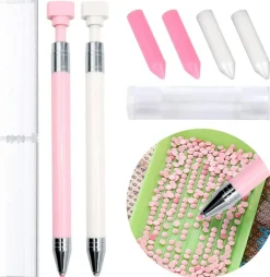 2 pcs diamond painting pens with wax refillable wax pen rotating glue point drill pen for nail art rhinestones diamond art accessories and tools quickly pick up beads gems (pink, white)