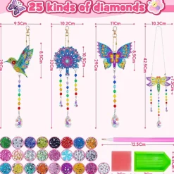 4PCS Diamond Painting Wind Chime Kits for Kids Ages 8-12, DIY Diamond Art Crafts for Girls and Teens, Bird Butterfly Flower Gem Art Hanging Decor, Creative Birthday Christmas Gifts for Home Outdoor Decoration