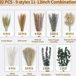 92Pcs Dried Pampas Grass Bouquet 11-13 Inch Bunny Tails Lavender Eucalyptus Flowers Boho Vase Filler Wedding Home Decor