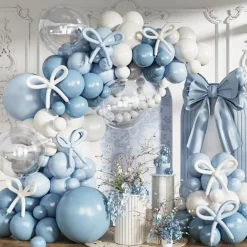134 PCS Dusty Blue Balloon Arch Kit – Light Blue & White Garland with Clear Balloons for Baby Shower, Gender Reveal & Wedding
